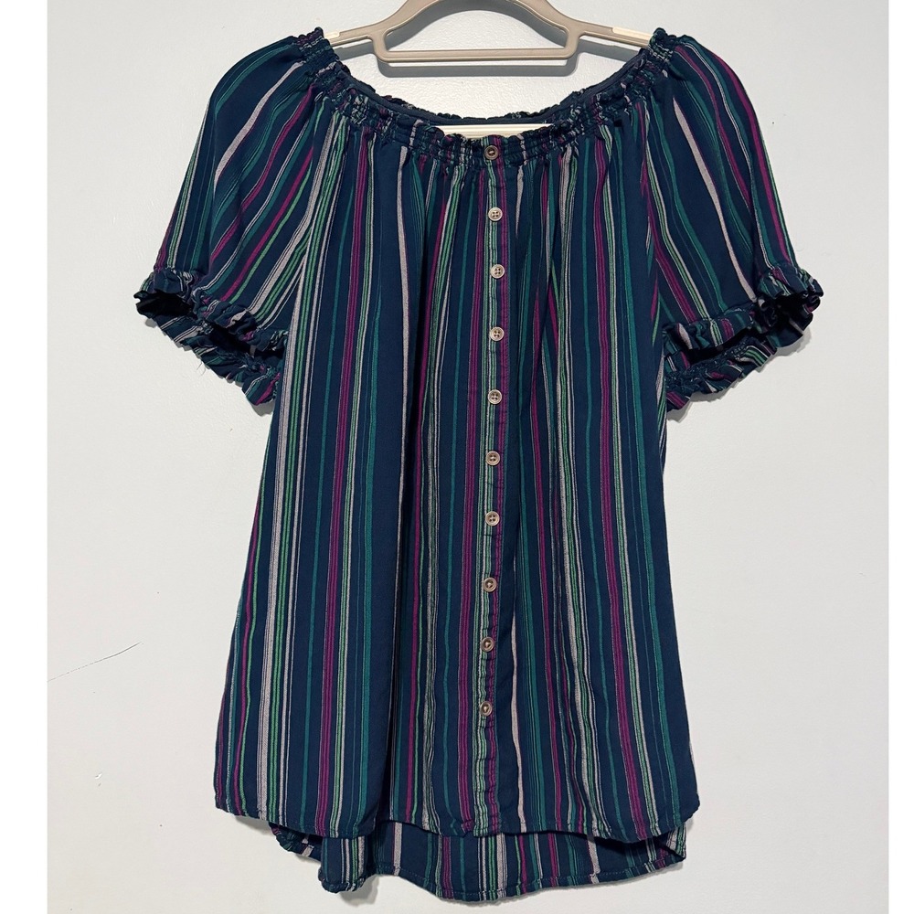 Terra & Sky Women's 0X 14W Multi Stripe Off Shoulder Button Front Blouse 1562‎